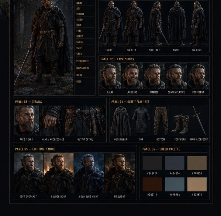 Готовый Character Board: метаданные героя, ракурсы, эмоции, детали, раскладка одежды и палитра