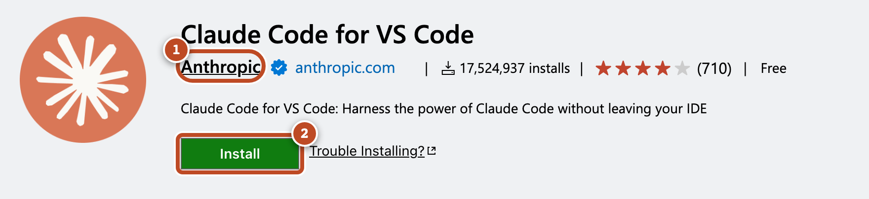 Карточка расширения Claude Code for VS Code от издателя Anthropic с кнопкой Install