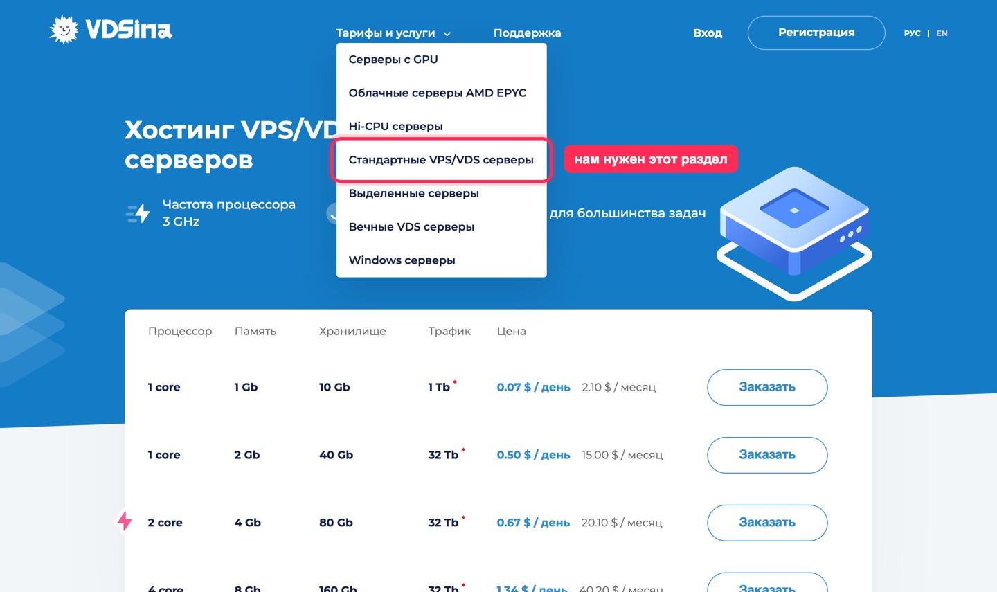 Меню «Тарифы и услуги» на vdsina.com: пункт «Стандартные VPS/VDS серверы» обведён, над ним пункт Hi-CPU серверы