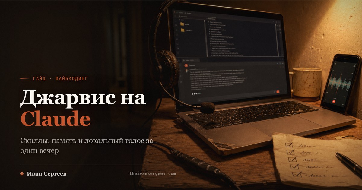 Ноутбук в тёплом свете лампы: в редакторе папки skills и memory, гарнитура на корпусе, рядом телефон с записью голоса
