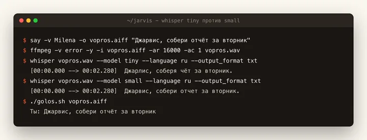 Терминал: одна и та же фраза распознана моделями Whisper tiny и small, у tiny три ошибки в четырёх словах