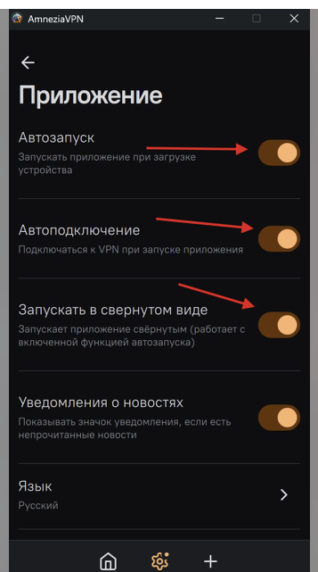 Раздел «Приложение» в AmneziaVPN: включены Автозапуск, Автоподключение и запуск в свёрнутом виде