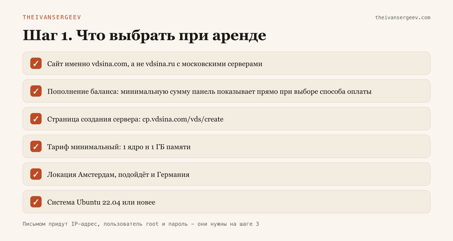 Чек-лист аренды сервера: правильный сайт vdsina.com, минимальный тариф, локация Амстердам и система Ubuntu 22.04