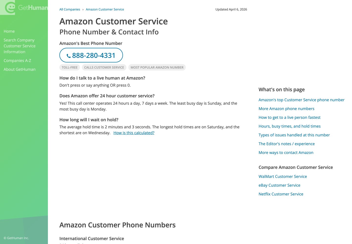 Номер поддержки Amazon 888-280-4331 в синей рамке и ответ GetHuman, как попасть к живому оператору
