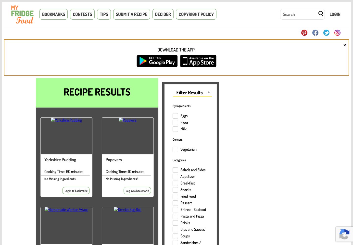 Результаты MyFridgeFood по яйцам, молоку и муке: Yorkshire Pudding и Popovers с пометкой No Missing Ingredients