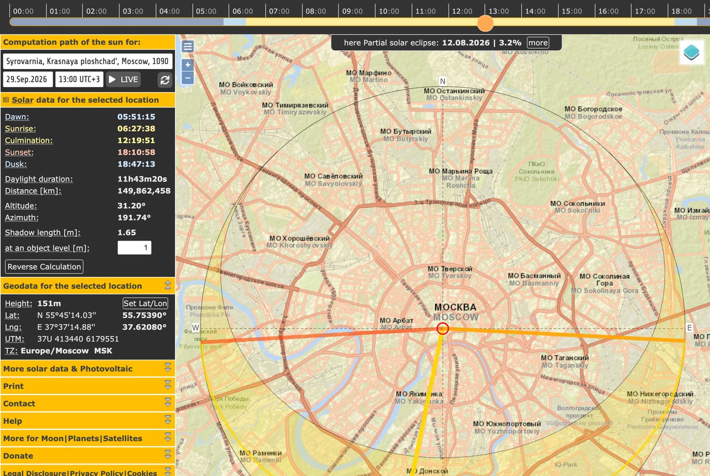 SunCalc для центра Москвы на 29 сентября 2026 года: время восхода и заката слева, линии солнца на карте