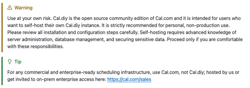Описание Cal.diy на GitHub: предупреждение о личном использовании и совет брать Cal.com для работы