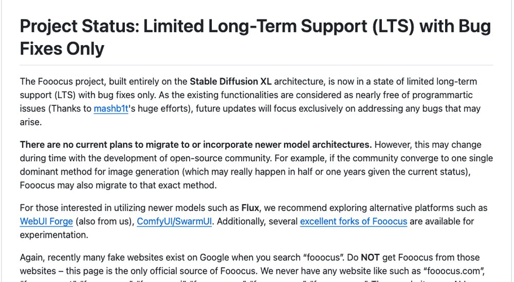 Описание Fooocus на GitHub: проект только с исправлением ошибок и предупреждение о поддельных сайтах