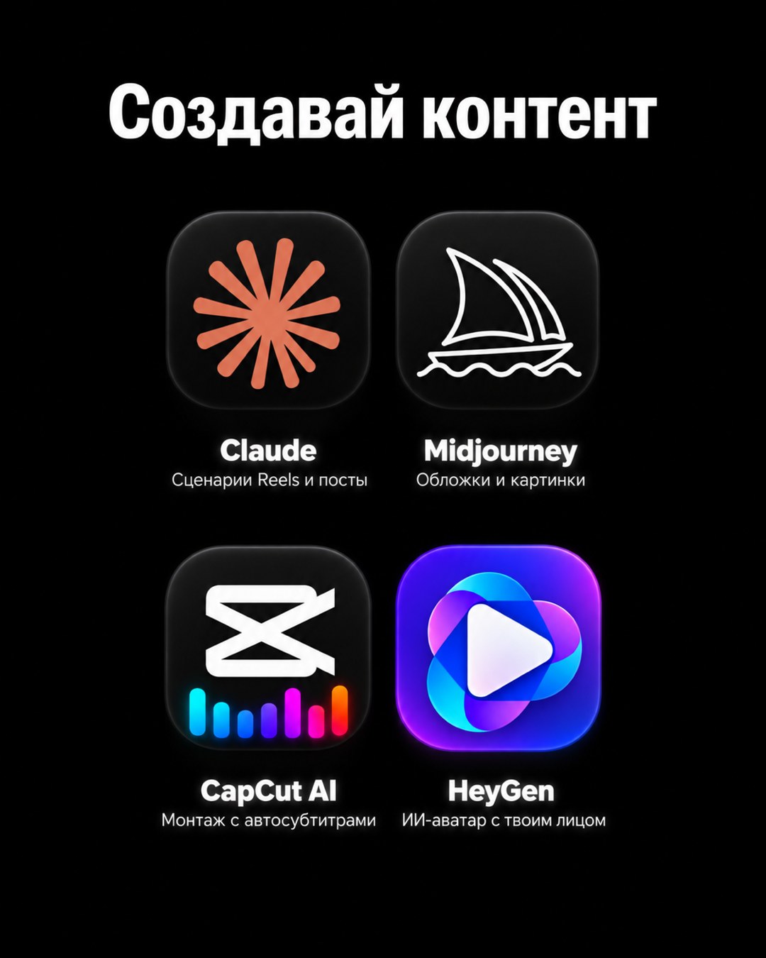 Слайд «Создавай контент»: Claude, Midjourney, CapCut AI и HeyGen с подписями задач