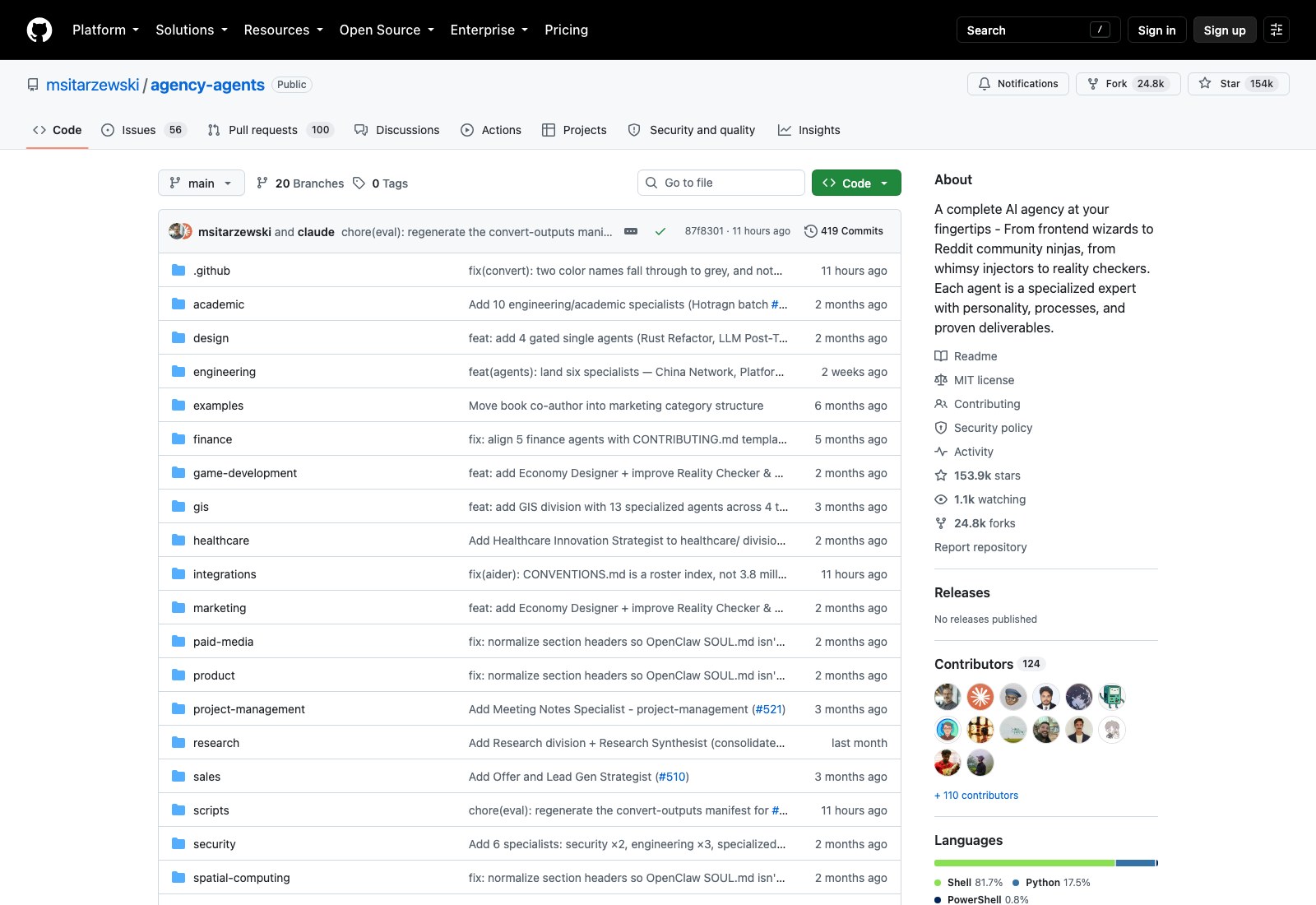 Дерево папок отделов проекта The Agency в окне GitHub: каталоги с агентами, строка лицензии MIT и счётчик звёзд