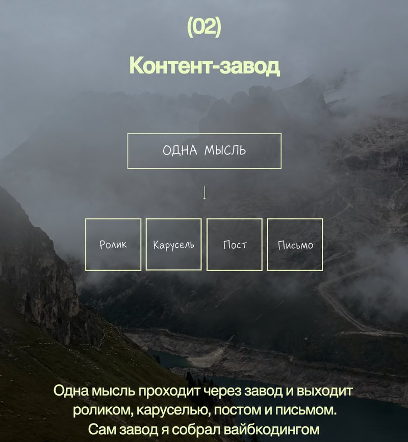 Слайд карусели «Контент-завод»: блок «ОДНА МЫСЛЬ» и под ним «Ролик», «Карусель», «Пост», «Письмо»