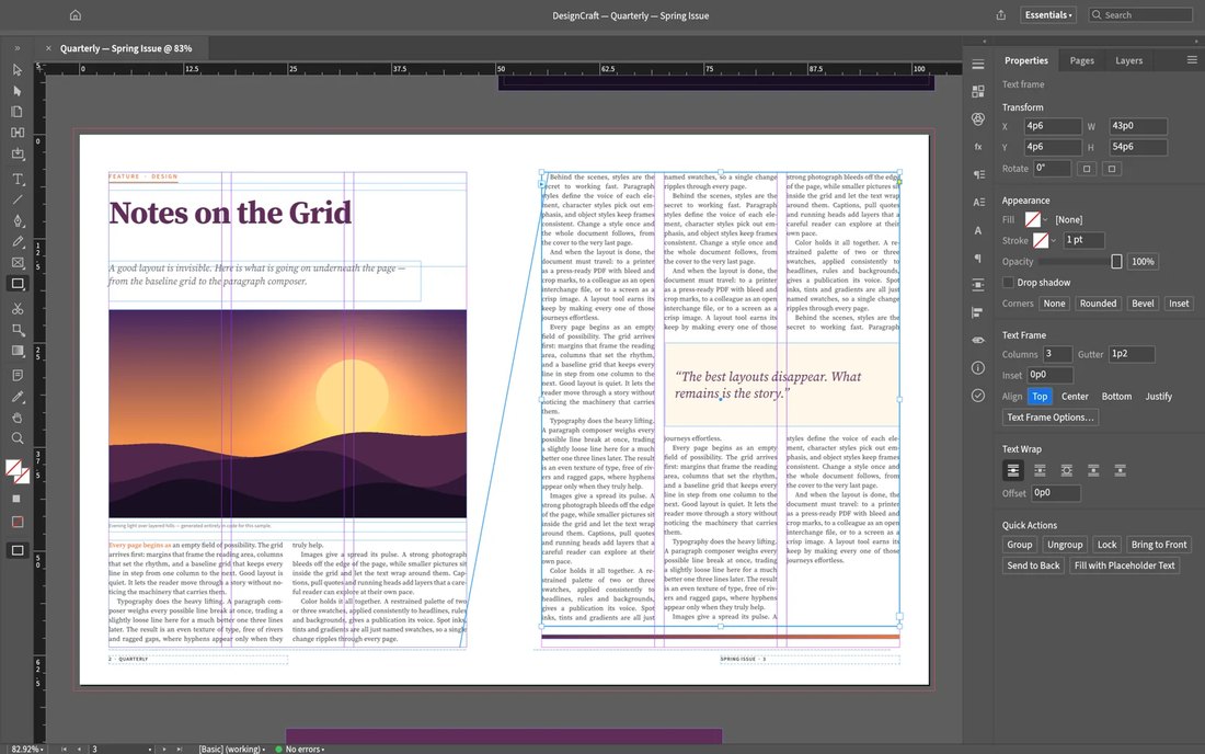 Окно DesignCraft: разворот журнала «Notes on the Grid» с направляющими, справа панели свойств