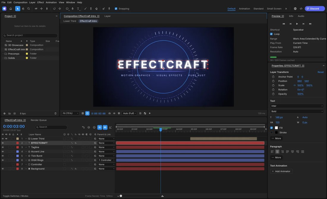 Окно EffectCraft: заставка с названием, таймлайн композиции и панели слоёв