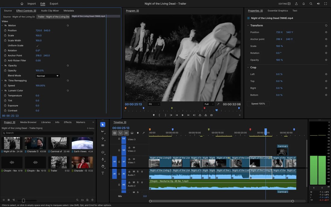 Окно FilmCraft с таймлайном монтажа, мониторами и панелями проекта