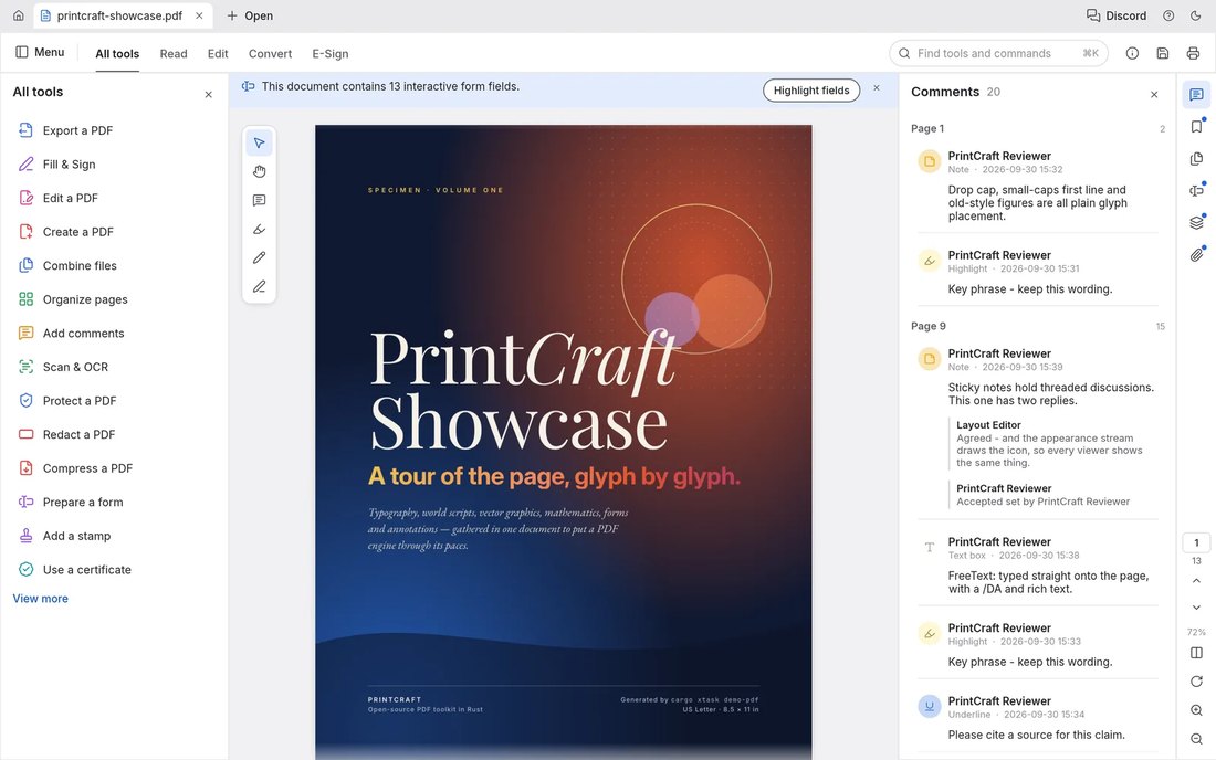 Окно PdfCraft: документ PrintCraft Showcase посередине, слева список инструментов, справа комментарии