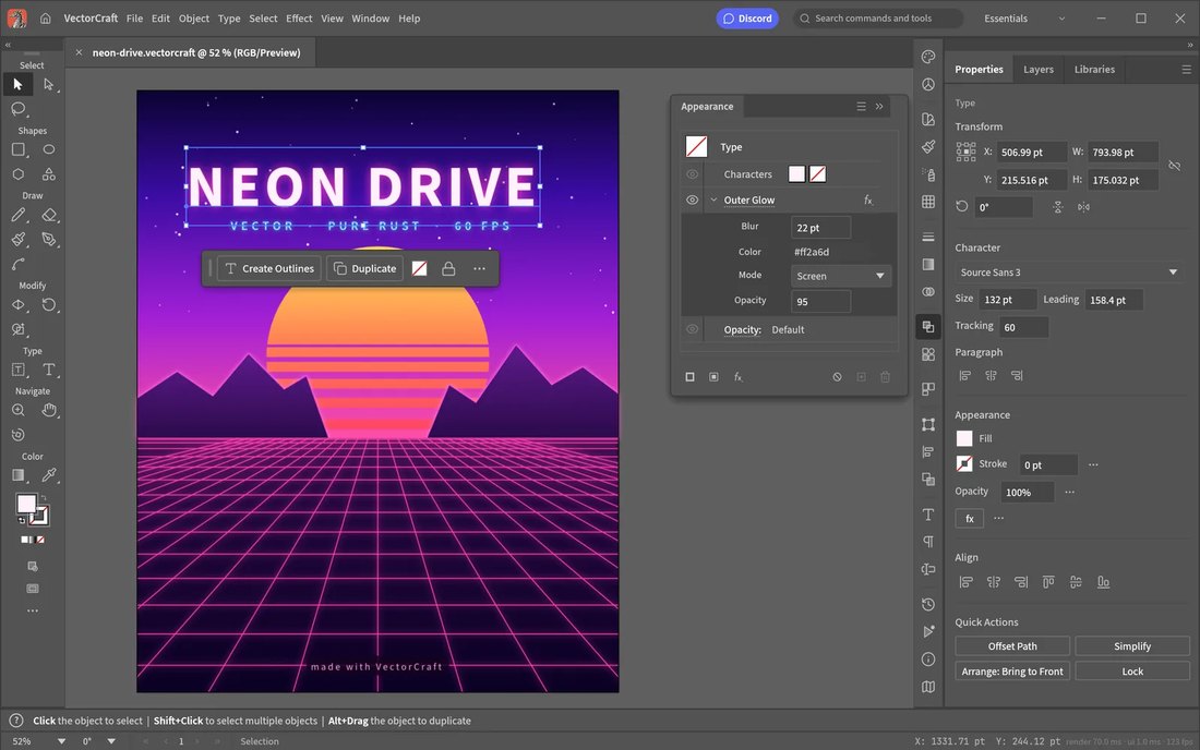 Окно VectorCraft с неоновым постером «Neon Drive»: панели свойств, слоёв и текста