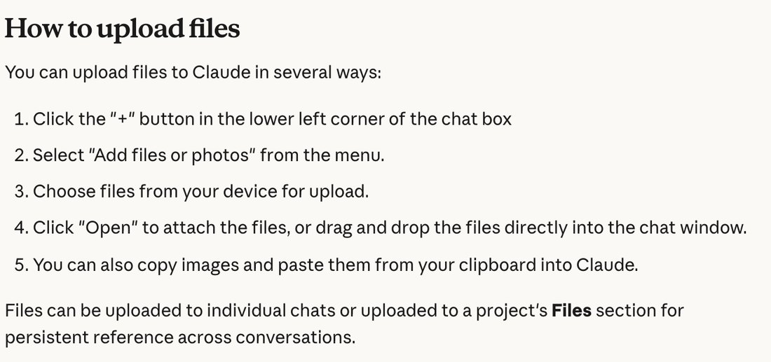 Справка Claude «Upload files to Claude»: шаги с кнопкой «+» и пунктом «Add files or photos», ниже лимиты файлов