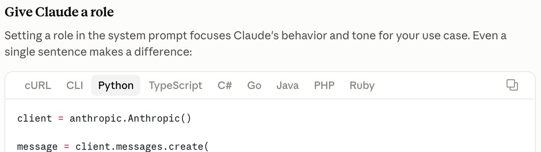 Документация Claude Platform Docs, раздел Give Claude a role: роль в системном сообщении и пример кода