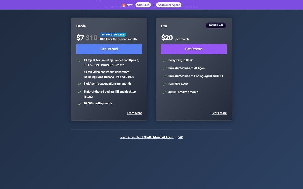 Страница тарифов Abacus.AI: карточки Basic за 7 долларов и Pro за 20 долларов