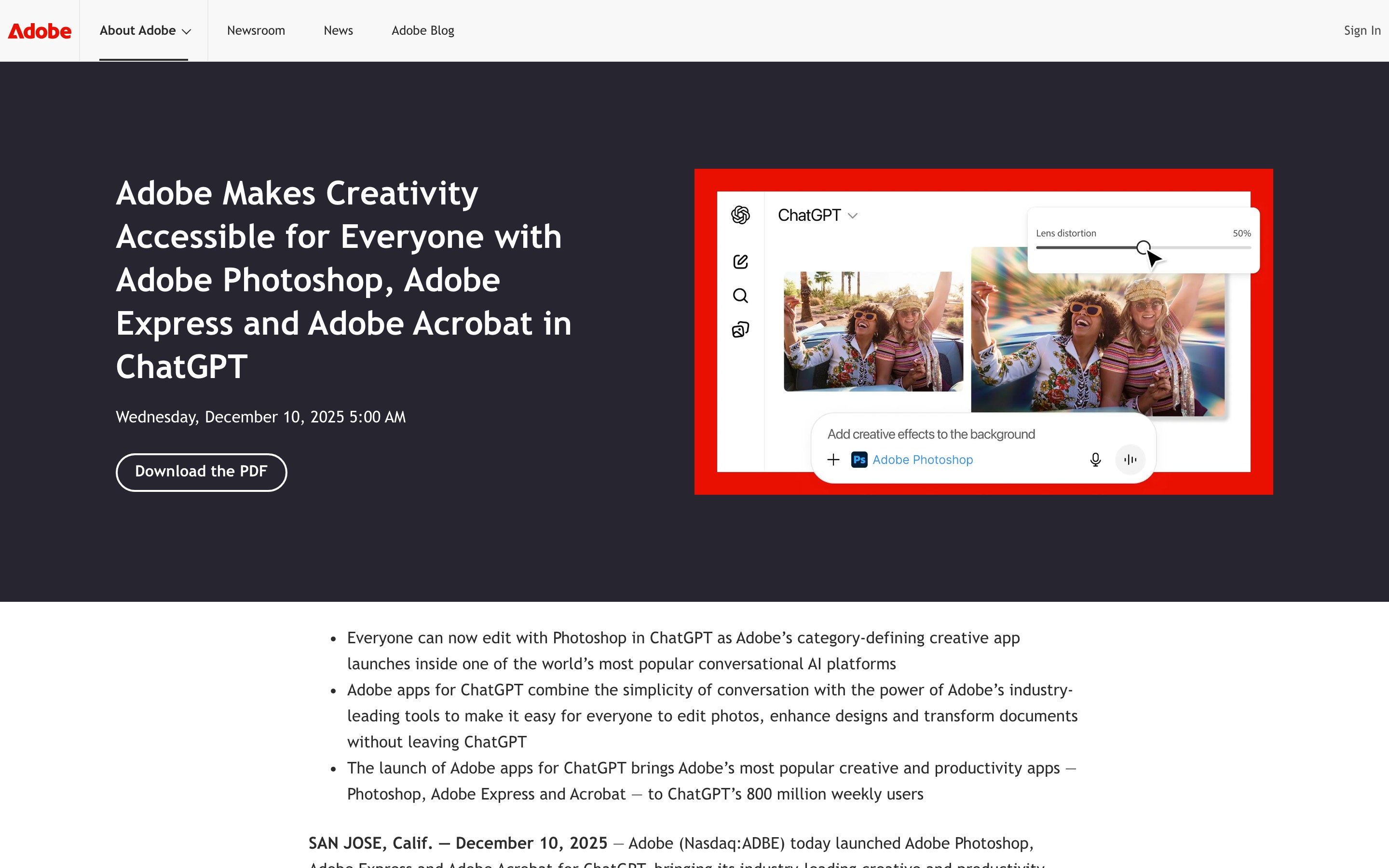 Первый анонс Adobe в ChatGPT от 10 декабря 2025: Photoshop, Express и Acrobat бесплатно