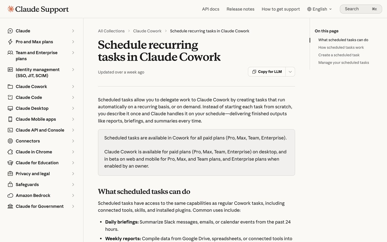 Официальная справка Anthropic про запланированные задачи Claude Cowork: расписание по часам, без событийных триггеров
