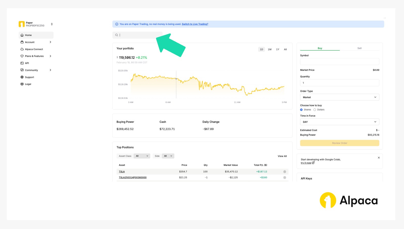 Панель счёта-тренажёра Alpaca: сверху полоса Paper Trading, no real money is being used