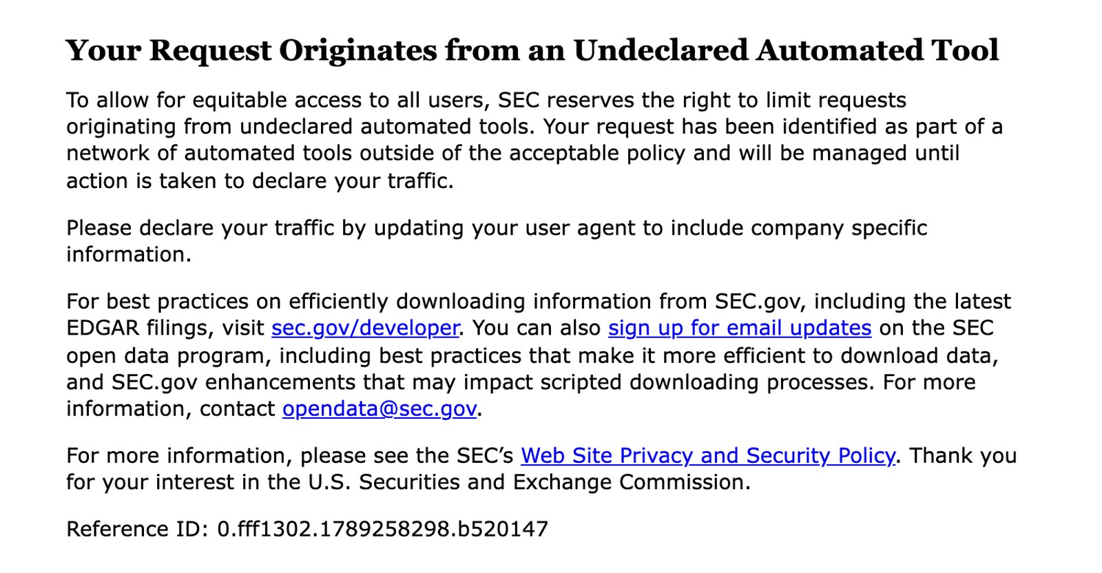 Ответ SEC: Your Request Originates from an Undeclared Automated Tool, требование указать компанию в подписи запроса