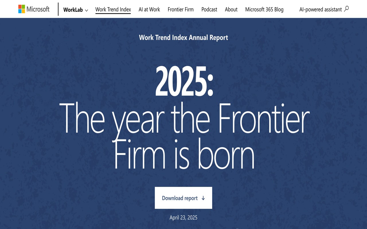 Обложка отчёта Microsoft Work Trend Index 2025 «The year the Frontier Firm is born» с датой публикации 23 апреля 2025