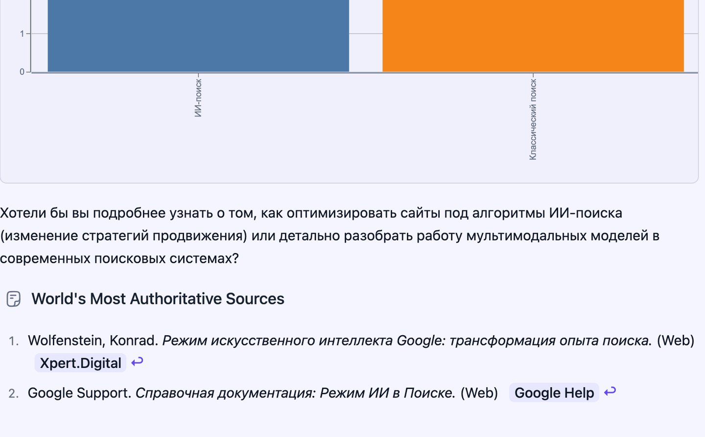 Сравнительная диаграмма ИИ-поиска и обычного поиска и блок World's Most Authoritative Sources с двумя источниками у iAsk