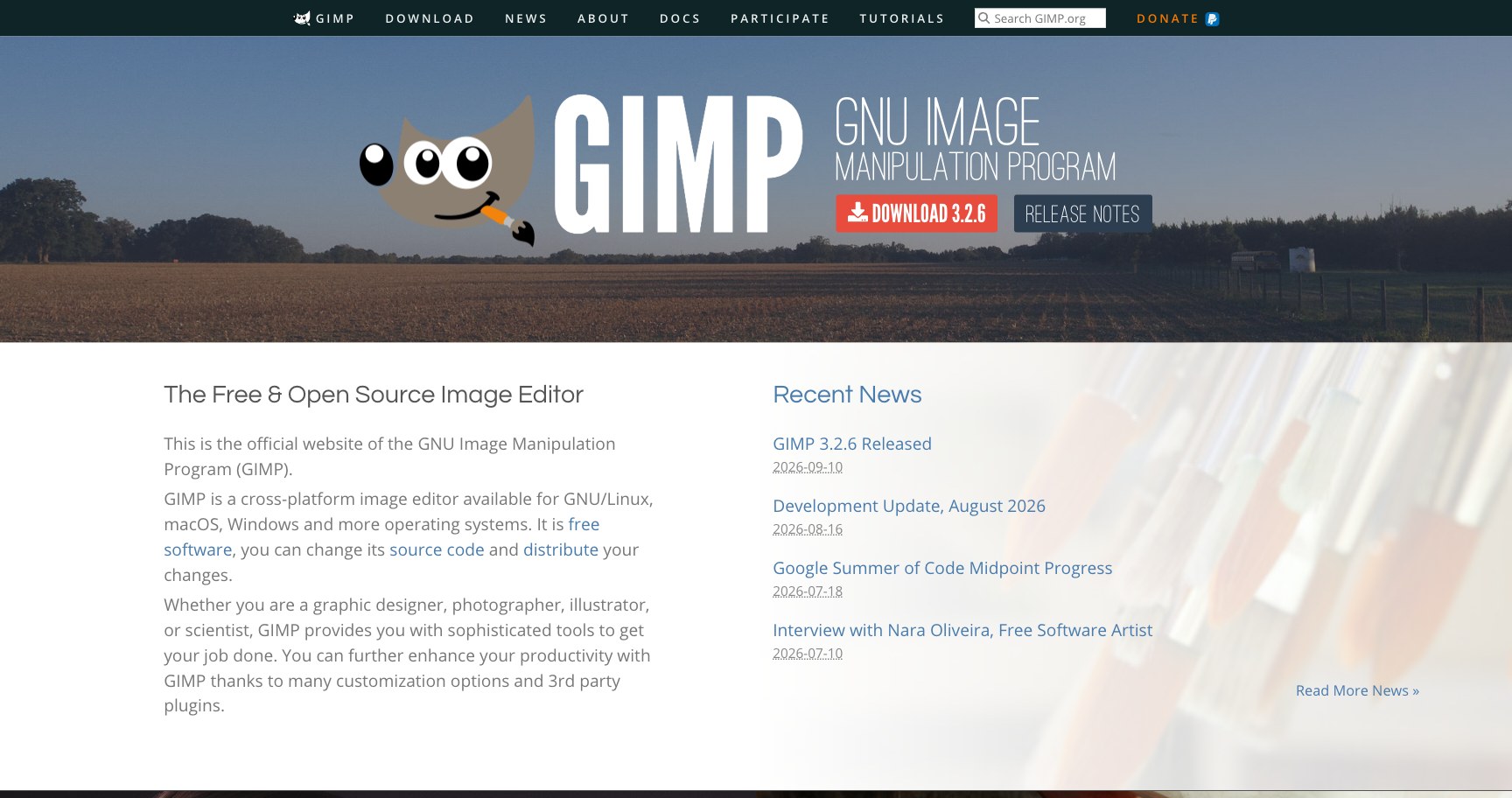 Официальный сайт GIMP: кнопка Download 3.2.6, список последних новостей и дата релиза