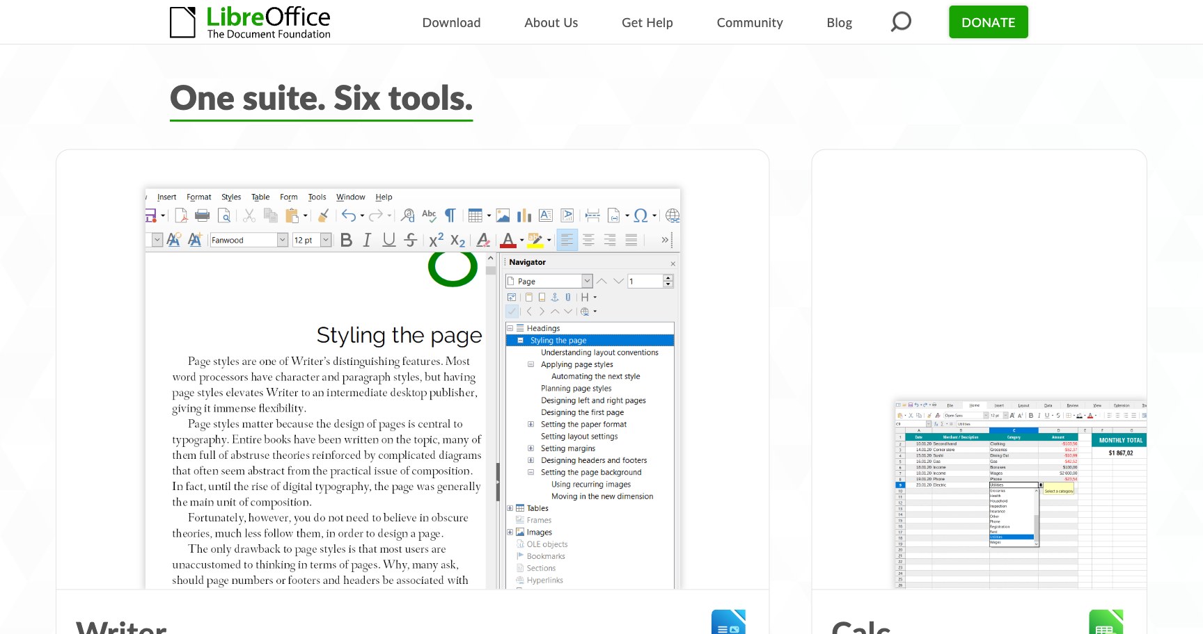 LibreOffice Writer и Calc рядом: панель инструментов, боковая навигация и таблица с формулами