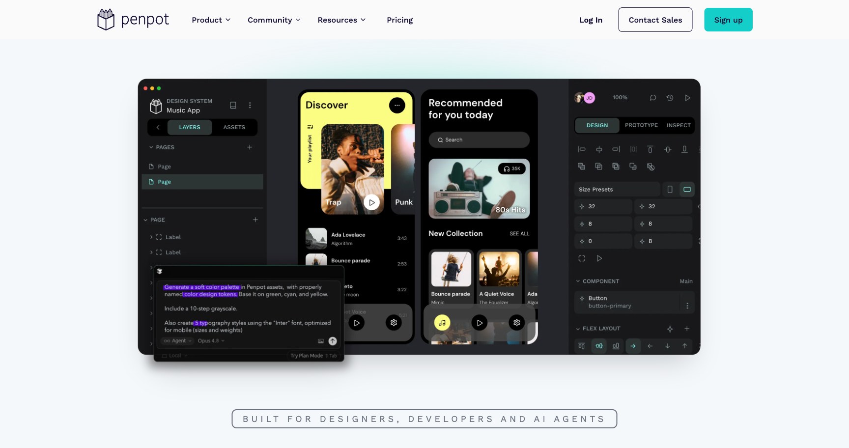 Редактор Penpot: слои, вкладки Design/Prototype/Inspect, панель размеров и подсказка внутри интерфейса