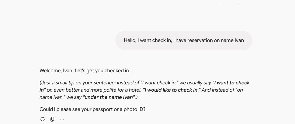 Сценка заселения в Gemini: фраза «Hello, I want check in» и ответ администратора с мягкой поправкой в скобках