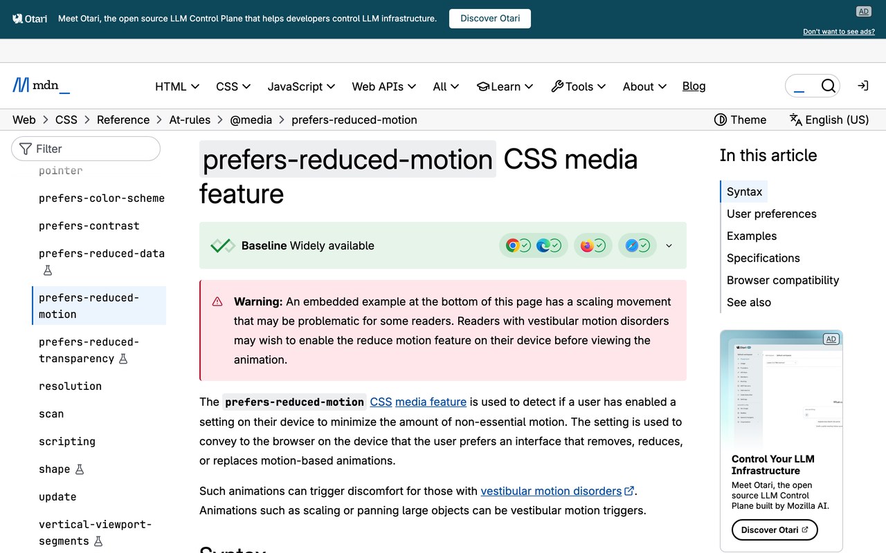 Официальная документация MDN про настройку prefers-reduced-motion в браузере
