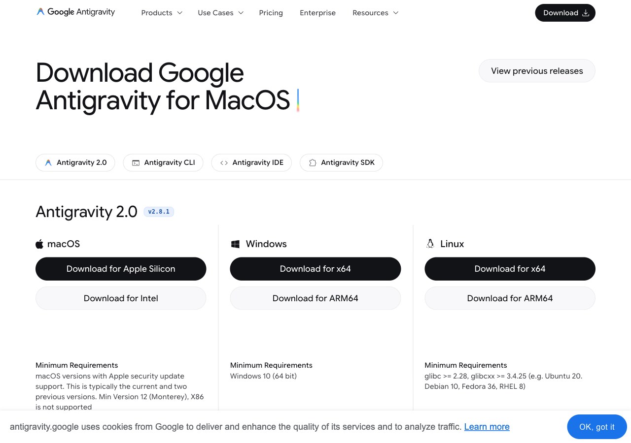 Страница загрузки Google Antigravity: сборка v2.8.1, три колонки macOS, Windows и Linux с кнопками