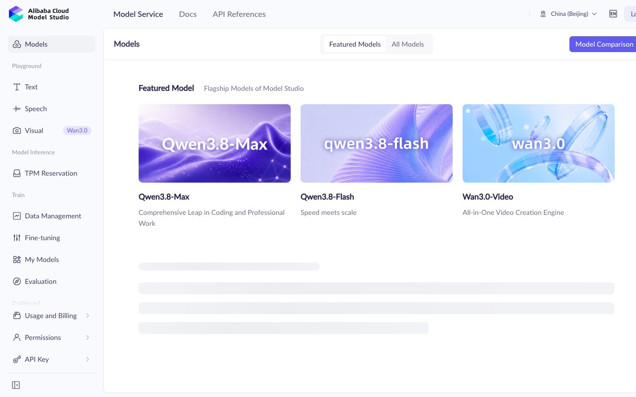 Кабинет Alibaba Cloud Model Studio: переключатель региона China Beijing вверху и пункт меню API Key слева
