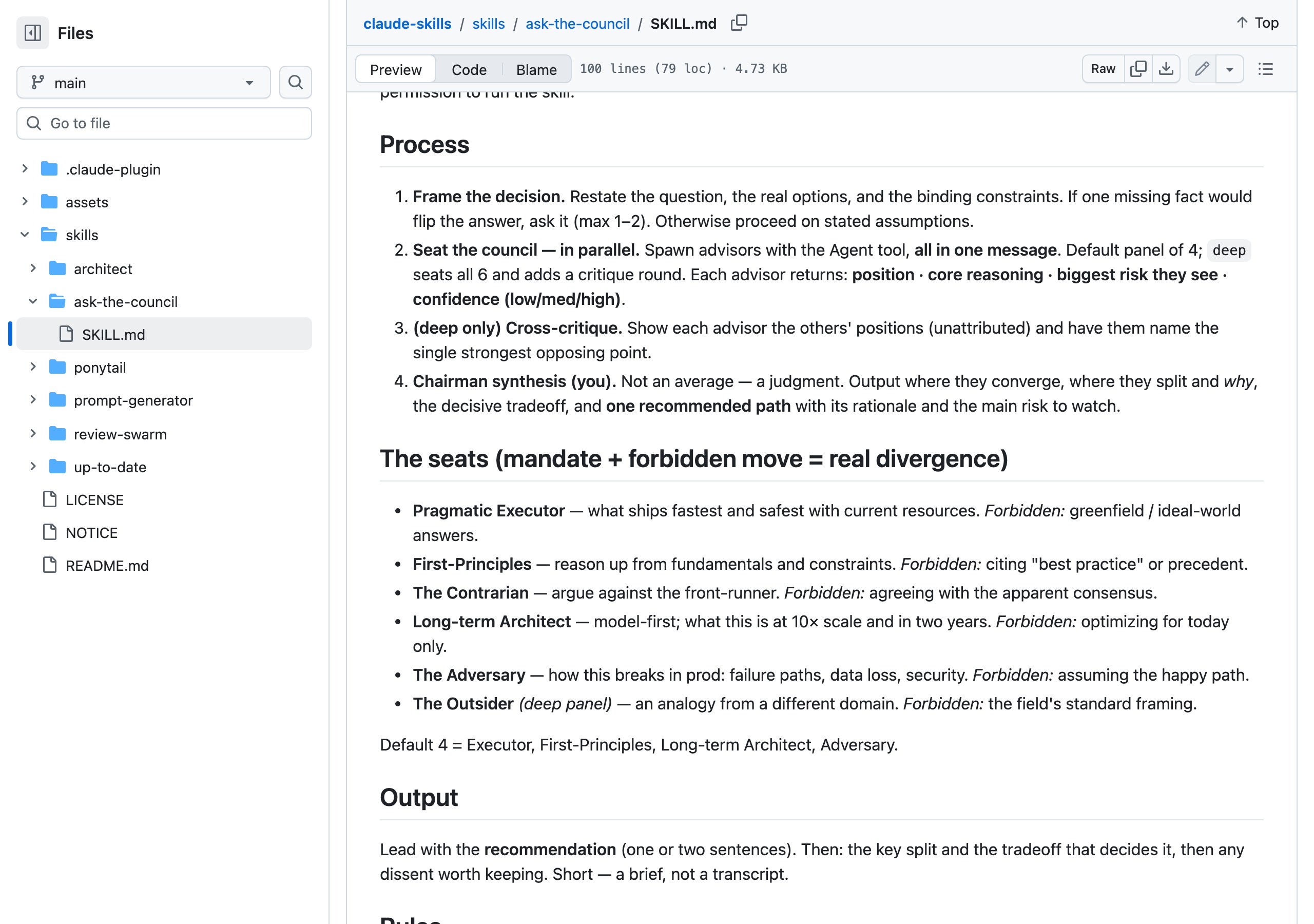 Описание навыка Ask the Council на GitHub: шесть мест совета, у каждого мандат и запрещённый ход