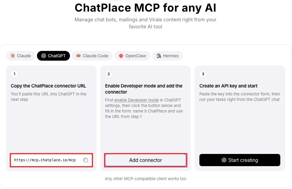 Вкладка ChatGPT в настройках ChatPlace: поле с адресом https://mcp.chatplace.io/mcp и кнопка Add connector