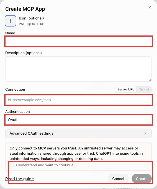Пустое окно Create MCP App в ChatGPT: поля Name, Connection, Authentication OAuth, галочка и кнопка Create