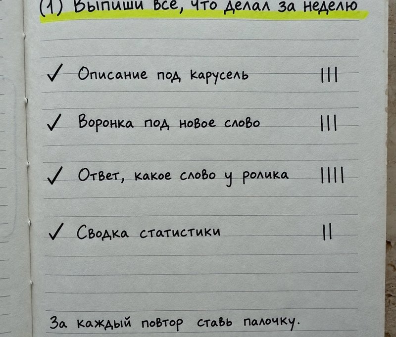 Лист из тетради в карусели автора: «Выпиши всё, что делал за неделю», четыре дела с галочками и палочками повторов