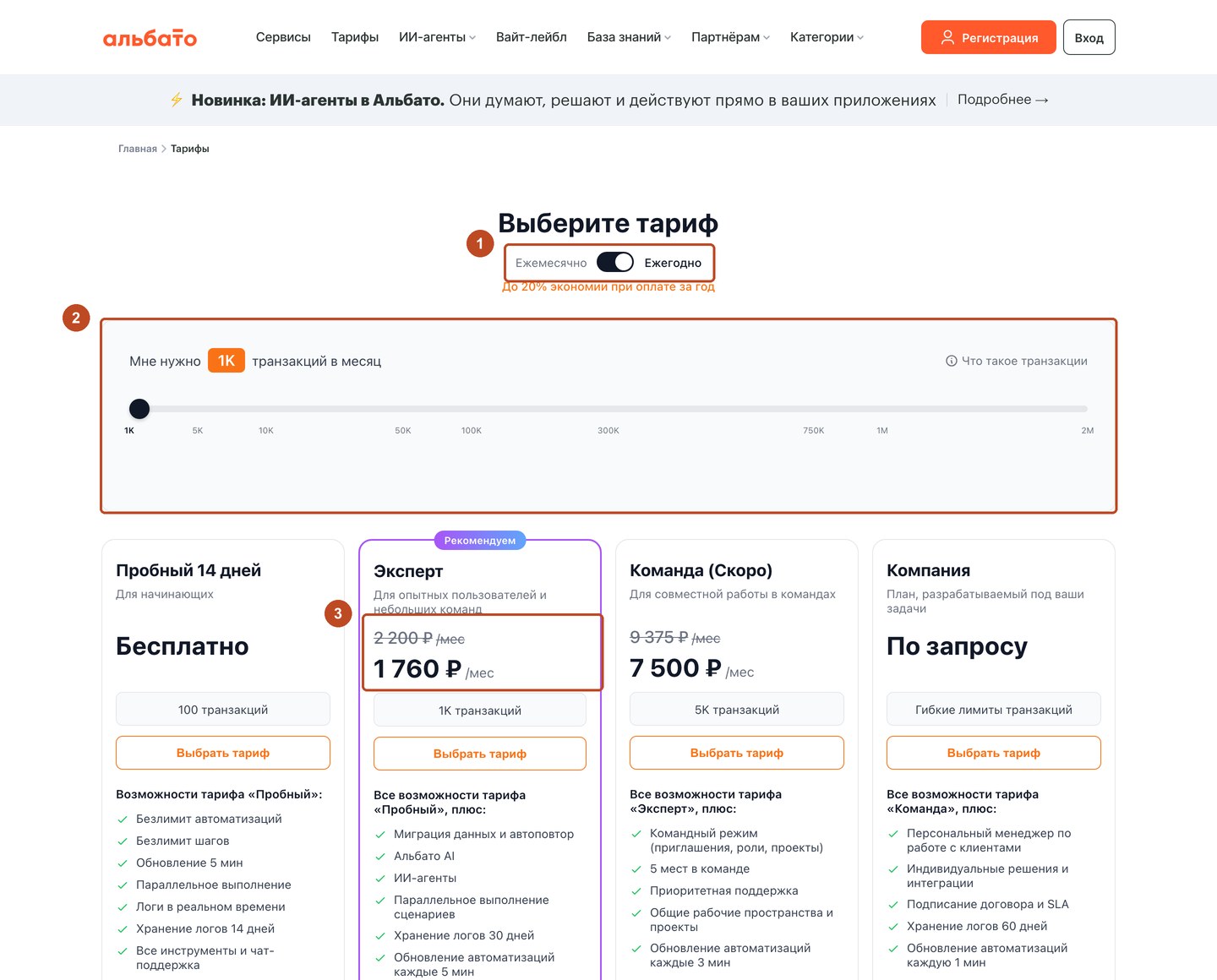 Страница тарифов Албато с рамками на переключателе оплаты, ползунке объёма действий и цене тарифа Эксперт