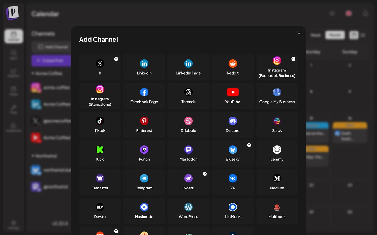 Окно Add Channel в Postiz: сетка значков площадок от X и LinkedIn до Telegram и VK