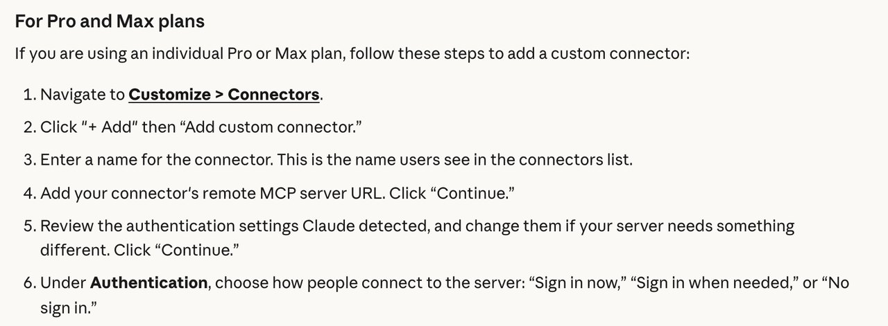 Справка Claude: шаги добавления своего коннектора через Customize, Connectors, плюс Add и Add custom connector