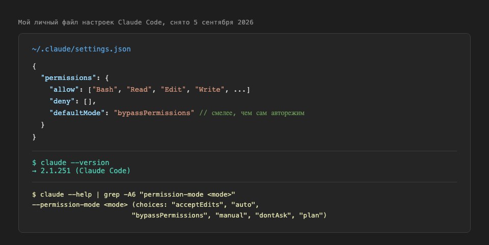 Реальный фрагмент моего личного файла настроек Claude Code с параметром режима разрешений