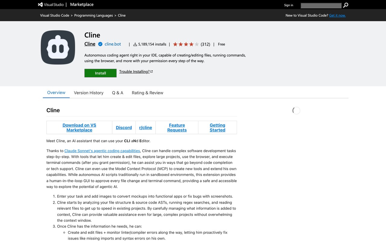 Карточка расширения в каталоге Visual Studio Marketplace: кнопка Install, издатель и счётчик установок