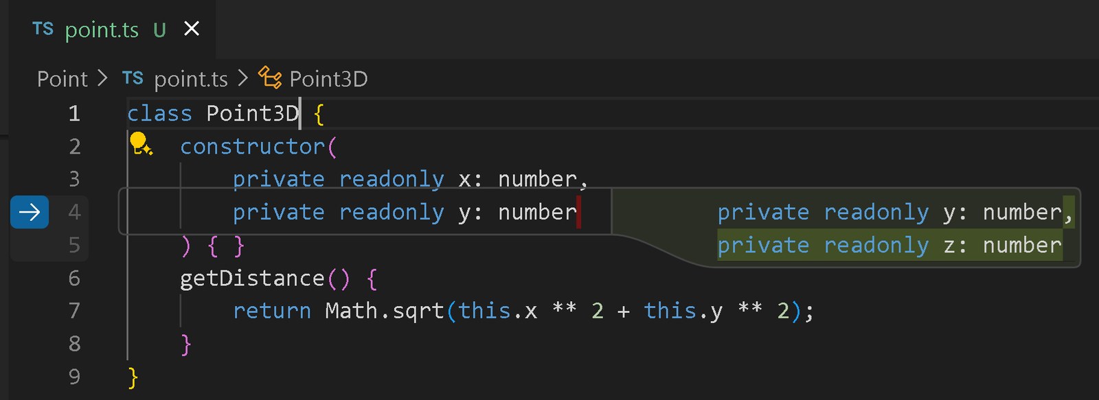 Редактор VS Code: подсказка Copilot зелёным блоком справа предлагает продолжение кода
