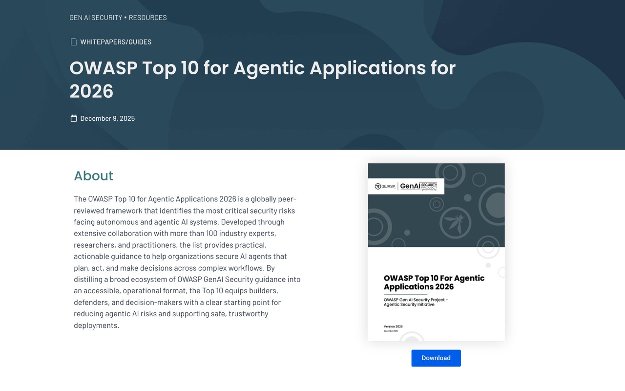 Титульная страница официального документа OWASP Top 10 for Agentic Applications 2026, снята живьём 03.09.2026