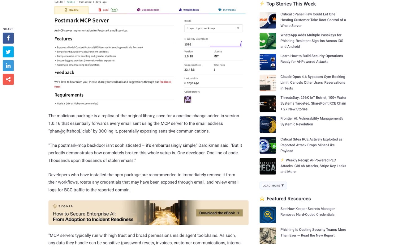 Разбор инцидента postmark-mcp на The Hacker News с цитатой о механизме утечки писем