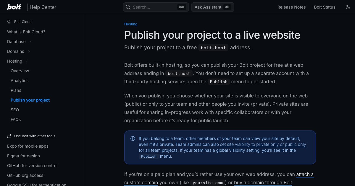 Страница справки Bolt: заголовок Publish your project to a live website и строка про бесплатный адрес на bolt.host