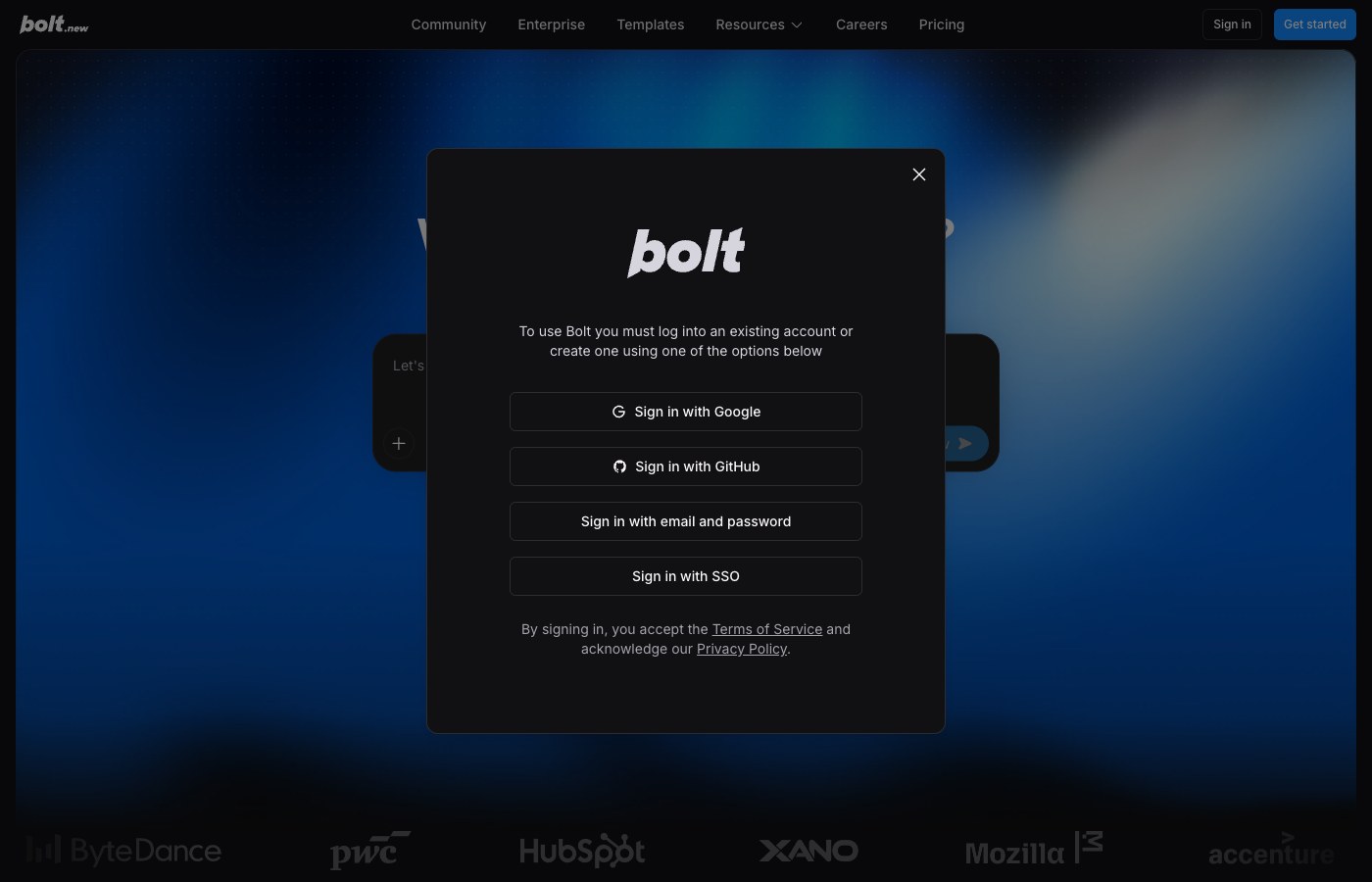 Окно входа Bolt поверх главной страницы: четыре кнопки - вход через Google, GitHub, почту с паролем и SSO